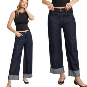 NEW Good American Good Standard Low-Rise Baggy Cuffed Jeans Dark Wash Size: 12
